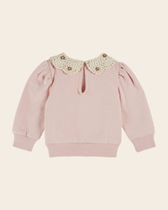 Pink organic cotton crochet-neck sweatshirt