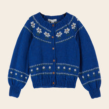 Load image into Gallery viewer, Blue knitted cardigan with floral patterns on a beige background