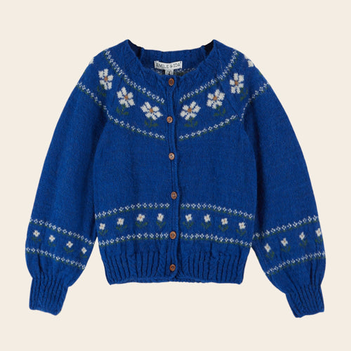 Blue knitted cardigan with floral patterns on a beige background