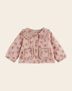 Pink quilted jacket with red flowers