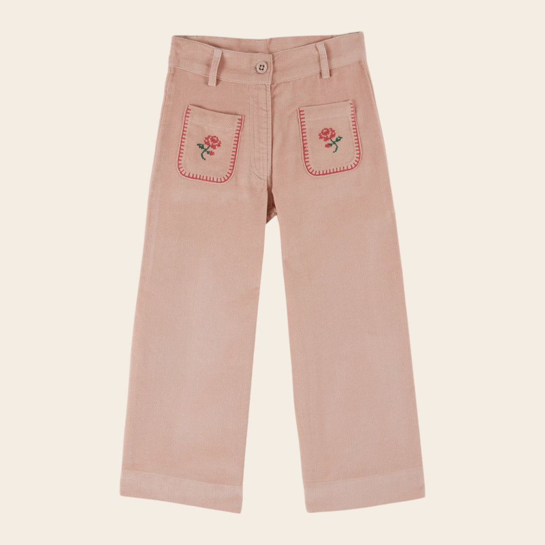 Pink velvet cross-stitch pants