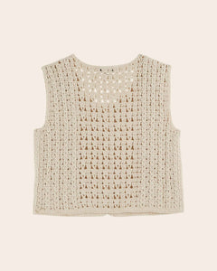 Sleeveless crochet embroidered ecru cardigan