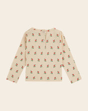 Load image into Gallery viewer, Beige long-sleeve shirt with red floral pattern on a beige background