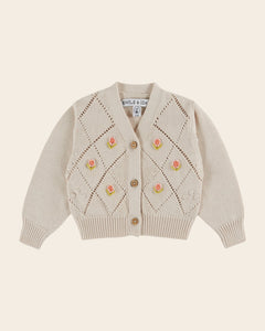 Hand-embroidered ecru organic cotton cardigan