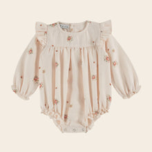 Load image into Gallery viewer, Baby romper with floral pattern on a light beige background
