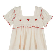 將圖片載入圖庫檢視器 Beige blouse with red heart designs and trim on a white background