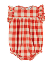 Load image into Gallery viewer, Red and white checkered baby romper with ruffled sleeves on a white background