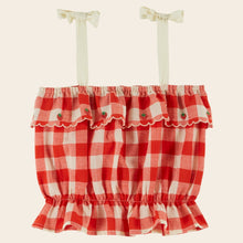 Load image into Gallery viewer, Red and white checkered baby romper with strawberry details on a beige background