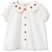 Load image into Gallery viewer, White blouse with red buttons and cherry designs on a white background