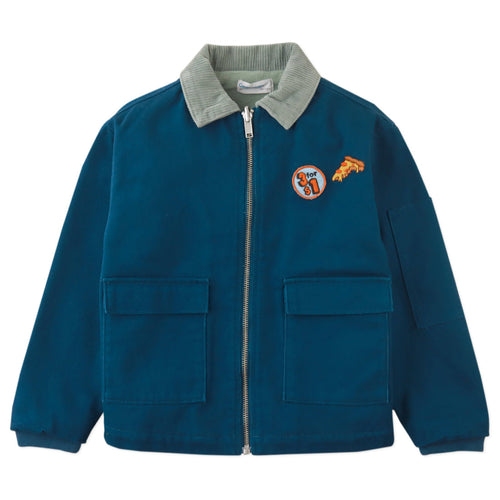 BJORN WORKER'S JACKET BLUE WITH EMBROIDERED PATCHES, BACK PRINT, AND FLEECE APPLIQUÉ