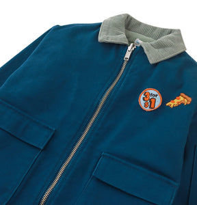 BJORN WORKER'S JACKET BLUE WITH EMBROIDERED PATCHES, BACK PRINT, AND FLEECE APPLIQUÉ