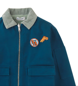 BJORN WORKER'S JACKET BLUE WITH EMBROIDERED PATCHES, BACK PRINT, AND FLEECE APPLIQUÉ