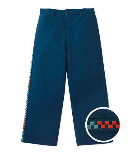 Blue pants with colorful side stripe on a white background
