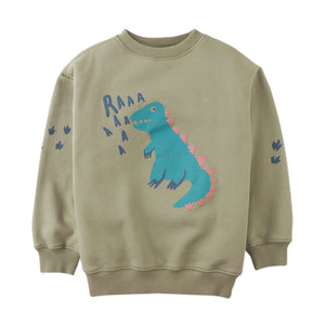 Children's sweatshirt with a dinosaur graphic and 'RAAA' text on a beige background