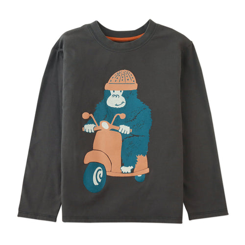 Children's long-sleeve shirt with a bear on a scooter graphic on a white background