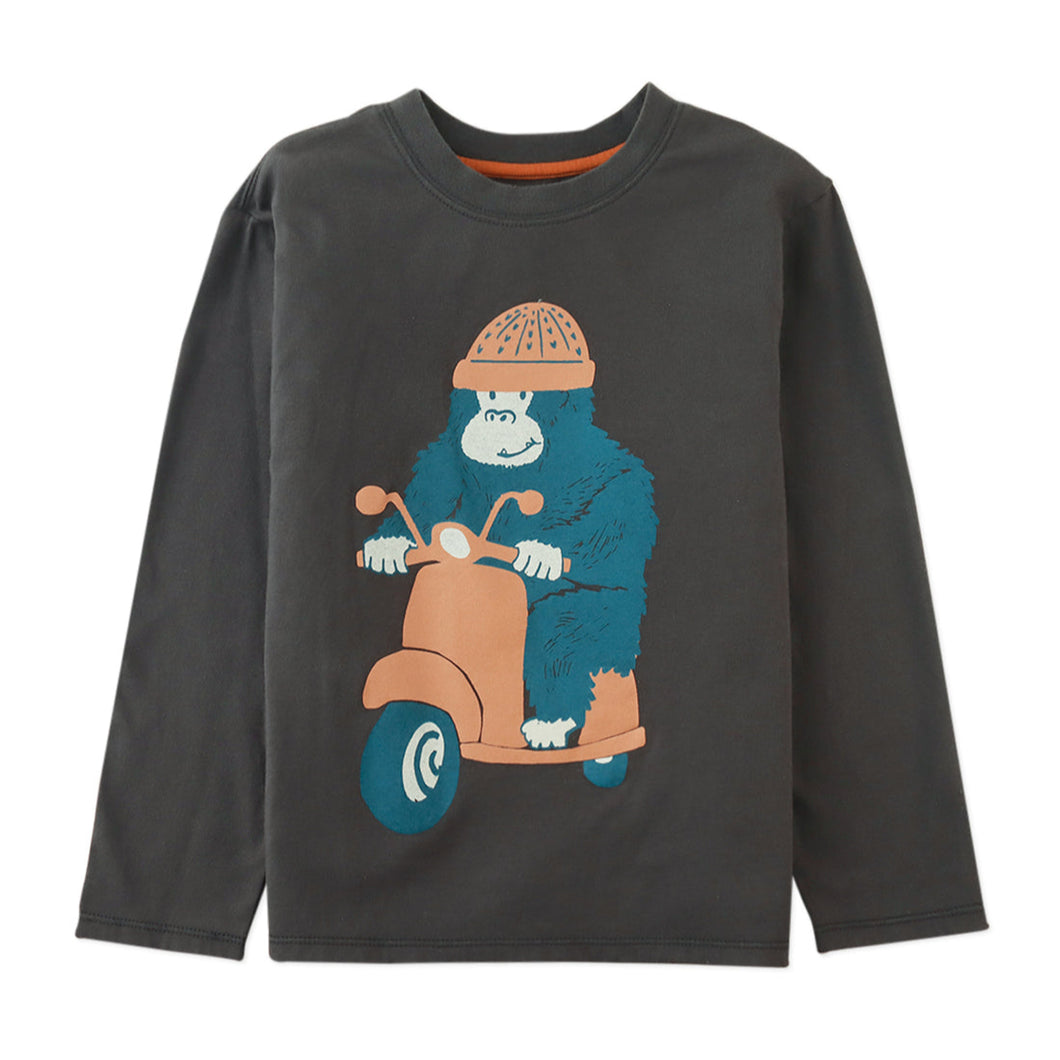 Children's long-sleeve shirt with a bear on a scooter graphic on a white background