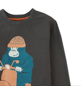 Sweatshirt with a graphic of a blue bear on a scooter and an orange helmet on a white background