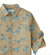 Load image into Gallery viewer, Children&#39;s shirt with blue dinosaur pattern on a beige background