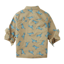 Load image into Gallery viewer, Beige shirt with blue dinosaur patterns on a white background