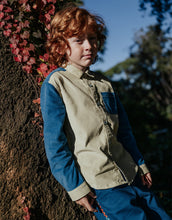 Load image into Gallery viewer, LIEV BUTTON DOWN LONG SLEEVES SHIRT PALE OLIVE/BLUE COLORBOCK WITH MACHINE STITCHING ACCENTS