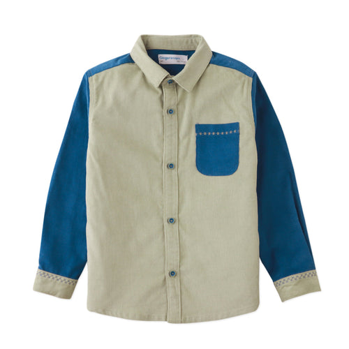 LIEV BUTTON DOWN LONG SLEEVES SHIRT PALE OLIVE/BLUE COLORBOCK WITH MACHINE STITCHING ACCENTS