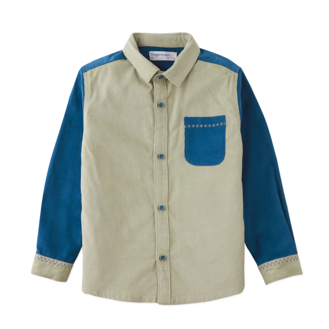 LIEV BUTTON DOWN LONG SLEEVES SHIRT PALE OLIVE/BLUE COLORBOCK WITH MACHINE STITCHING ACCENTS