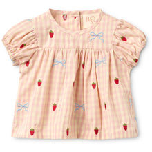 Load image into Gallery viewer, Baby girl Dolly Bow SS top by Flöss in berry-colored gingham with a bow, featuring a cute and comfortable design.