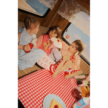 Load image into Gallery viewer, Flöss Dolly Bow Dress in berry with bow gingham pattern, showcasing a cute, stylish dress for girls.