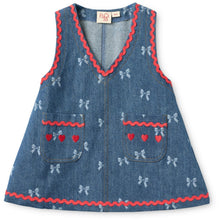 Load image into Gallery viewer, Flöss Eva Dress in denim blue with a bow, stylish women’s dress featuring a flattering fit and elegant design.
