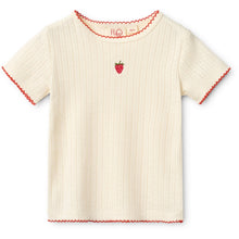 將圖片載入圖庫檢視器 Flöss Flora SS Pointelle Blouse in Gentle Cream, lightweight top with delicate knit detailing and short sleeves.