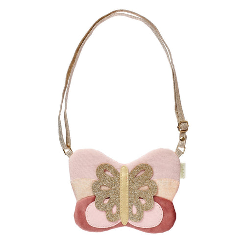 Butterfly-shaped pouch with a strap on a white background