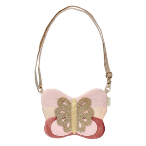 Butterfly-shaped pouch with a strap on a white background