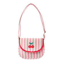 Load image into Gallery viewer, Pink and white striped bag with cherry design on a white background