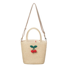 Load image into Gallery viewer, Woven handbag with cherry decorations on a white background