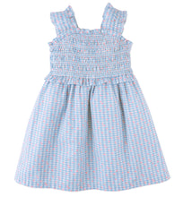Load image into Gallery viewer, Gingersnaps powder-colored dress with shirred straps and ruffle details, displayed on a hanger with a plain background.