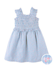 Load image into Gallery viewer, Gingersnaps powder-colored dress with shirred straps and ruffle details, shown on a hanger.