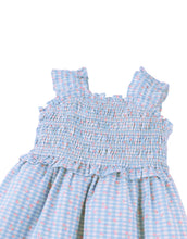 Load image into Gallery viewer, Gingersnaps powder-colored dress with shirred straps and ruffle details, displayed on a hanger against a neutral background.