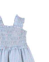Load image into Gallery viewer, Gingersnaps powder-colored dress with shirred straps and ruffle details, displayed on a hanger against a white background.