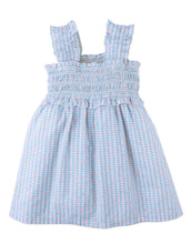 Load image into Gallery viewer, Gingersnaps powder-colored dress with shirred straps and ruffle details, displayed on a hanger.