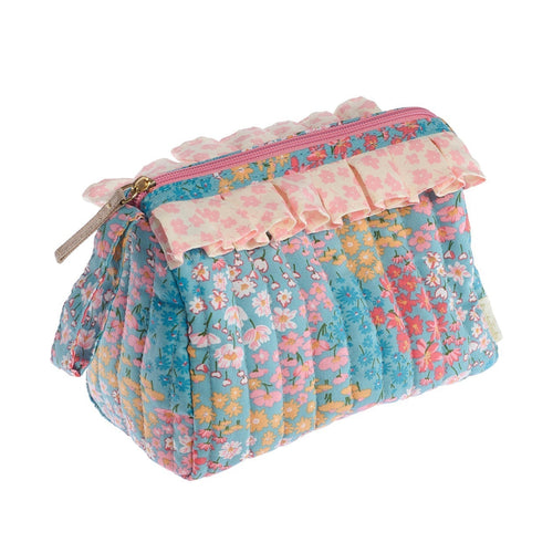 Floral patterned pouch with ruffled details on a white background