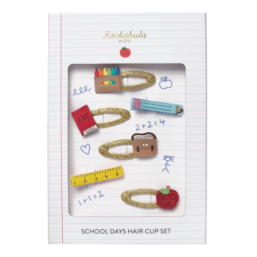 Packaged school-themed hair clip set with 'Rockahula Kids' branding on a white background.