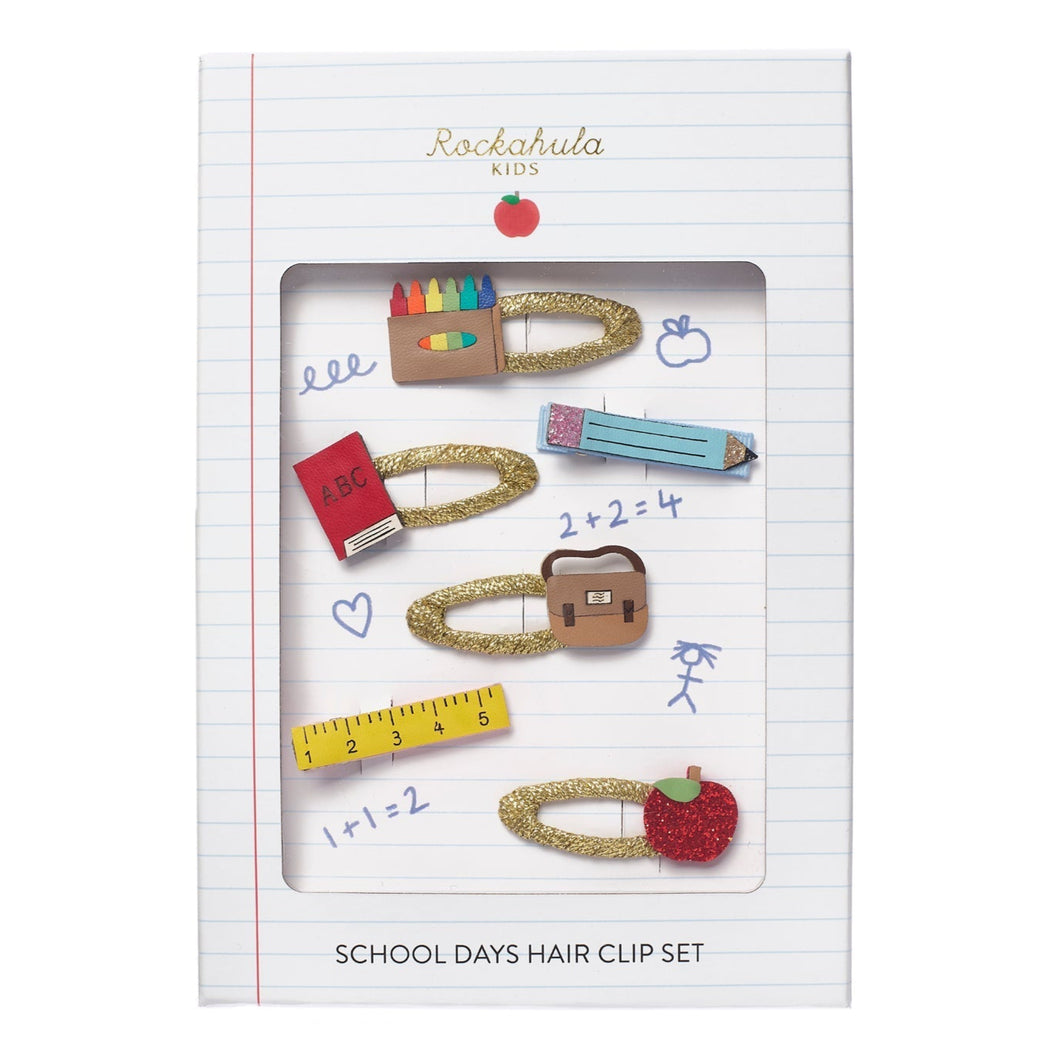 Packaged school-themed hair clip set with 'Rockahula Kids' branding on a white background.