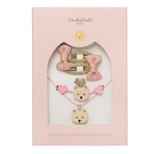 將圖片載入圖庫檢視器 Rockahula Kids Teddy Bear Hair &amp; Jewellery Set in a pink gift box with a clear window, containing a pink bow hair clip, a gold glitter hair clip, and a pink heart-and-bear charm necklace.