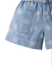 Load image into Gallery viewer, Gingersnaps Amara denim shorts featuring large pockets and a belt, displayed on a neutral background.