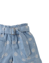 Load image into Gallery viewer, Gingersnaps Amara denim shorts with large pockets and belt, casual bottom garment for kids, in light blue denim.