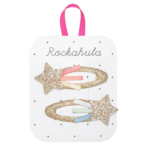 Set of glittery hair clips on a Rockahula branded card with pink handle.