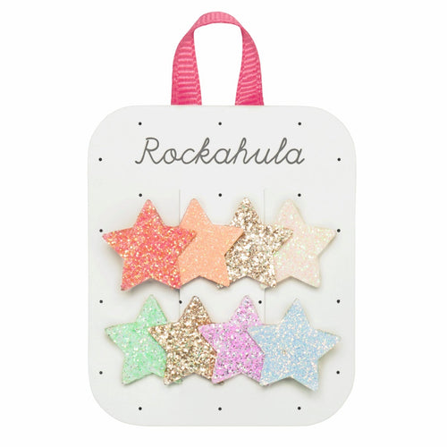 Set of star-shaped hair clips on a Rockahula branded card with a pink handle.