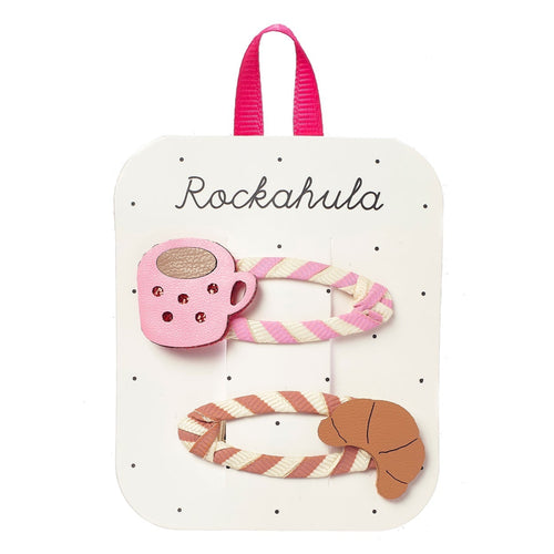 Set of hair clips with a pink cup, striped candy canes, and brown bear on a Rockahula branded card.