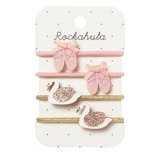 Load image into Gallery viewer, Set of hair accessories with ballet shoes and swan designs on a Rockahula branded card.