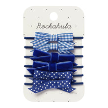 Load image into Gallery viewer, Set of blue hair bows on a Rockahula branded card